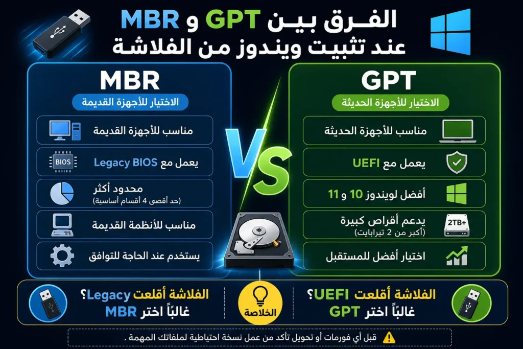 الفرق بين GPT و MBR عند تثبيت ويندوز من الفلاشة واختيار نظام تقسيم الهارد